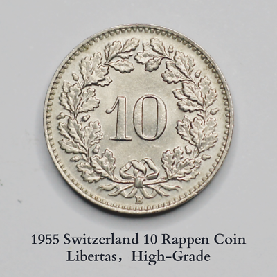 1955 Switzerland 10 Rappen Coin-UNC-Bern-Copper-nickel-KM:27-High