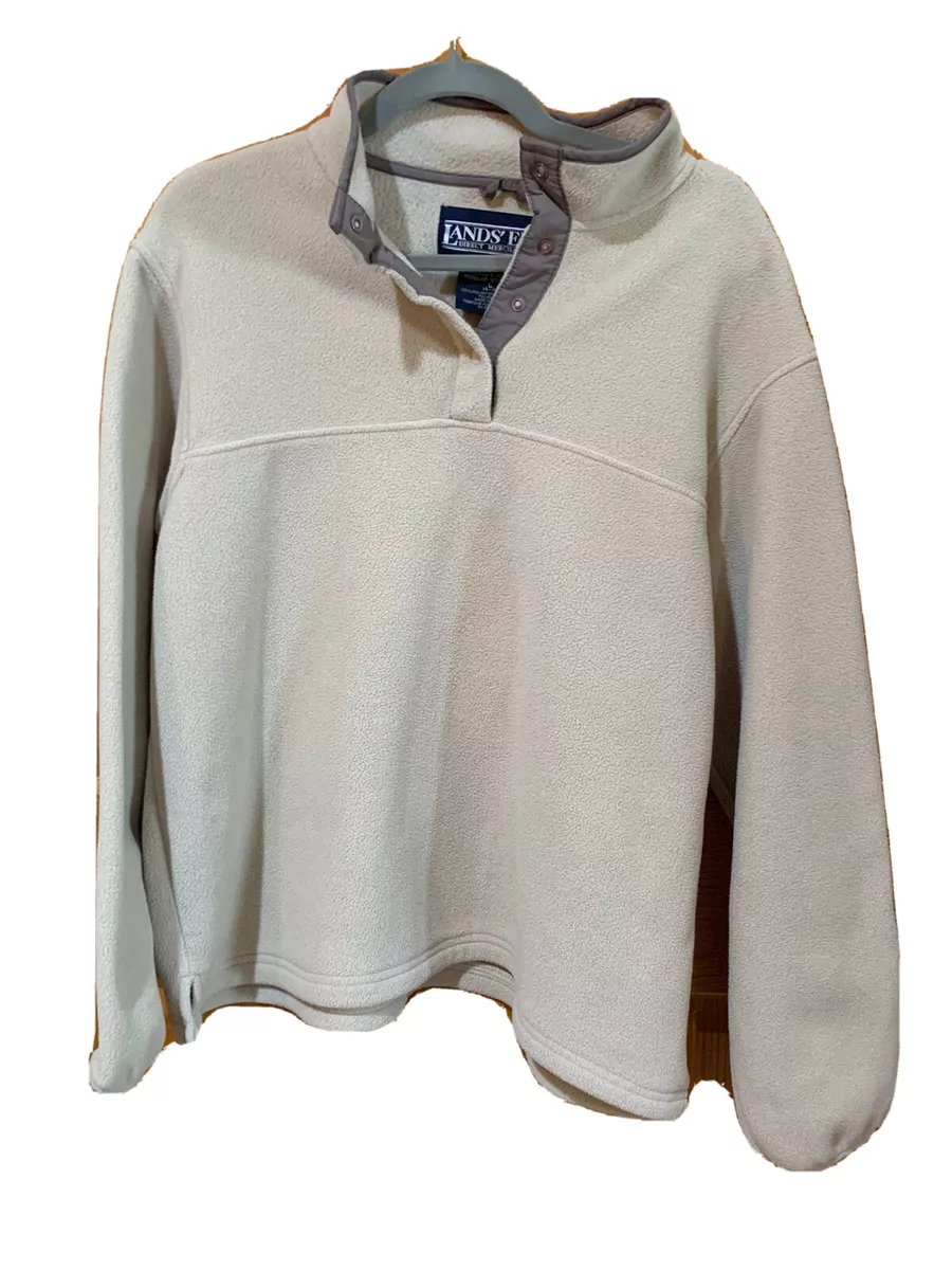 Lands End Heritage Fleece Snap Neck Pullover Top Tan Camel Long