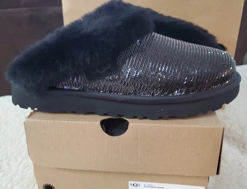 UGG AUSTRALIA WOMENS CLUGGETTE SEQUIN SLIPPER ON SLIDE SHOE BLACK SIZE 7 NEW IB - 第 2/9 張圖片