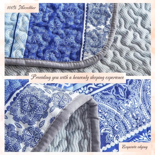 3 Pieces Colorful Bohemian Quilt Set Full Queen Size, Blue n Grey Boho Striped - Picture 3 of 5
