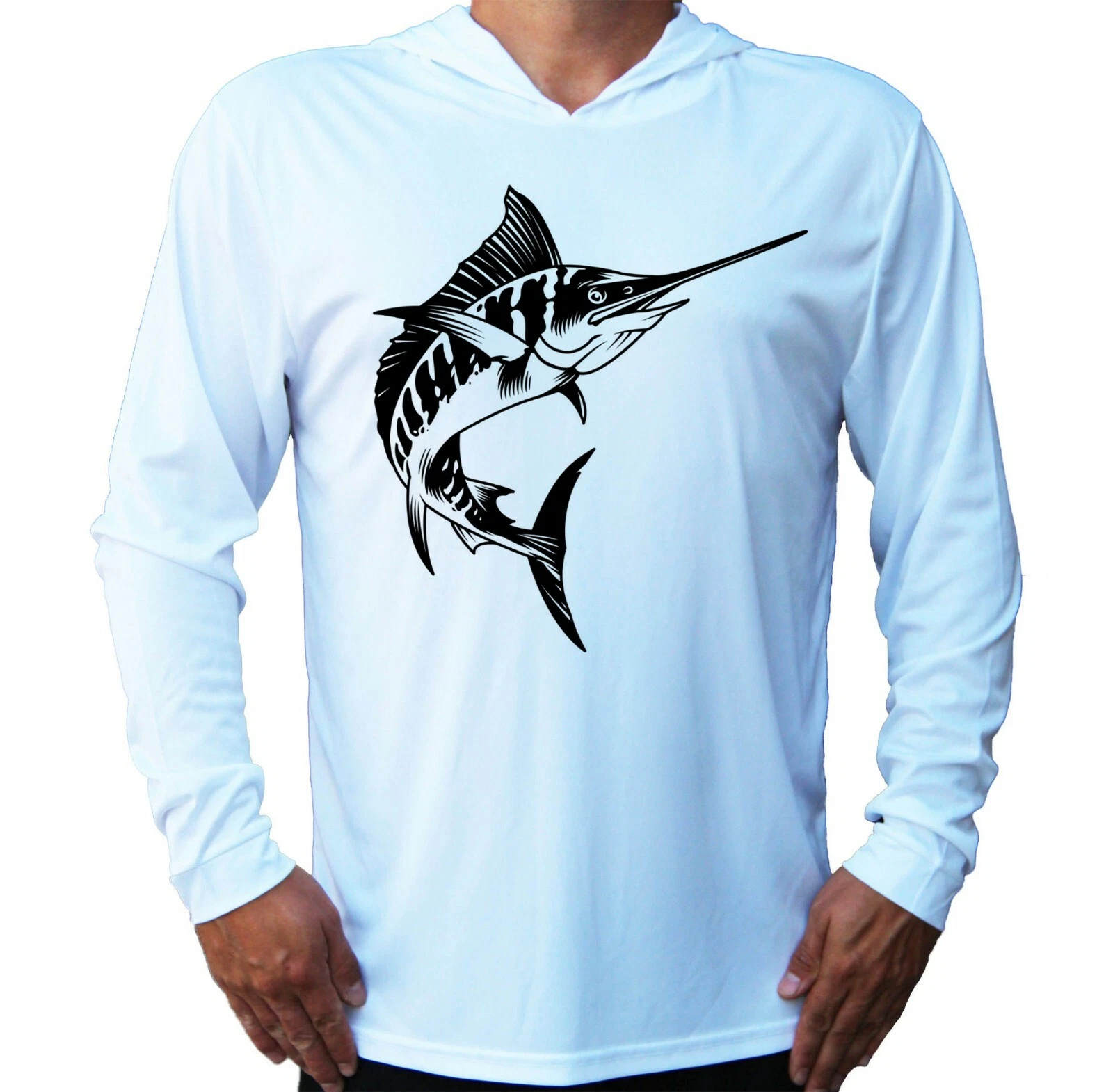 Marlin Sailfish Fishing Sun UV Protected UPF 50 Long Sleeve T-Shirt Hood Boat