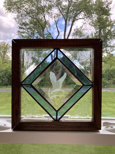 Vintage Stained Glass Etched Eagle Square Framed Window Hanging Blue Suncatcher - Picture 5 of 15