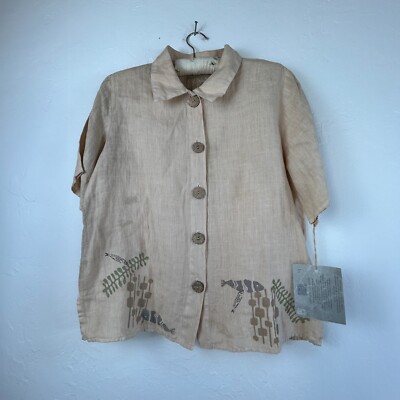 Becky's 1633 Artwear Inc Womens Button-Front Linen Shirt Medium Light Brown New