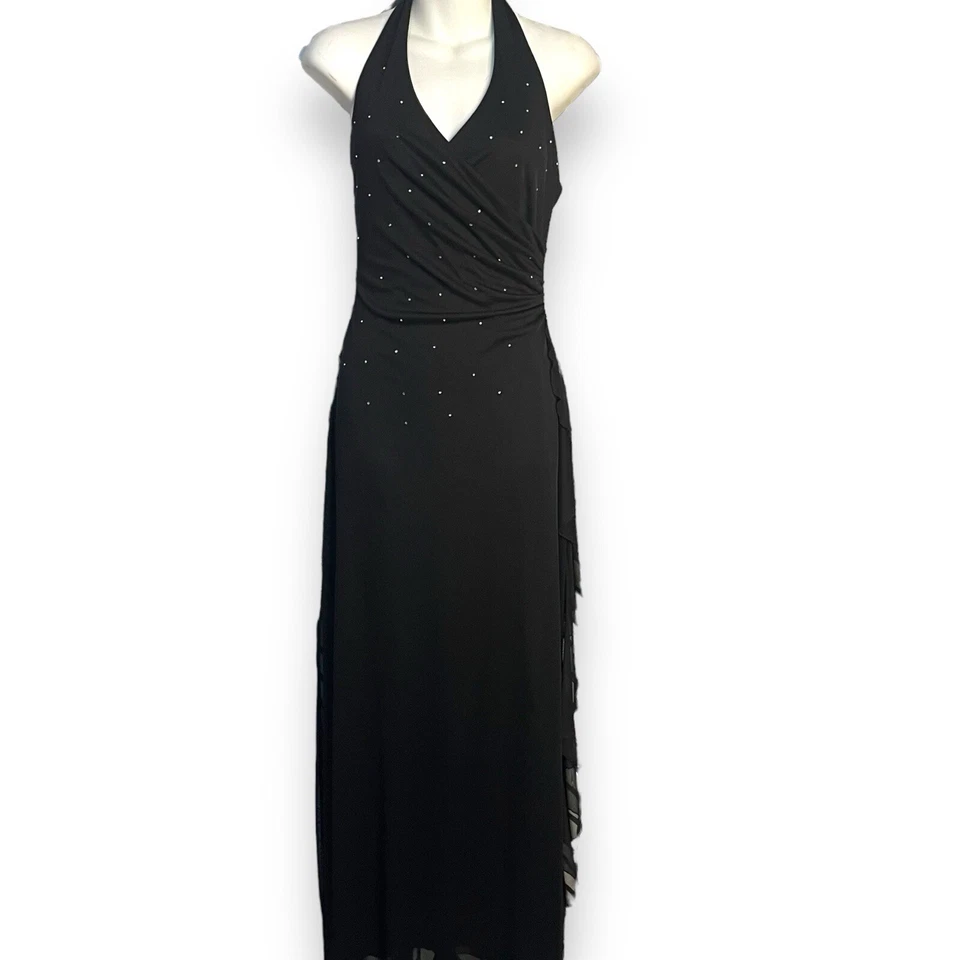 B. Maxi Vestido Halter Inteligente Para Mujer 9/10 Negro Ilusión Baile de graduación Formal Estrás Foto 2 de 4