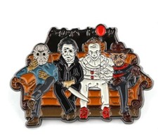 Classic Horror Characters Sitting on Couch 1.4" Wide Enamel Metal Pin