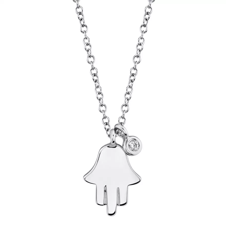 14K White Gold Diamond Hamsa Hand Necklace Pendant Womens Round