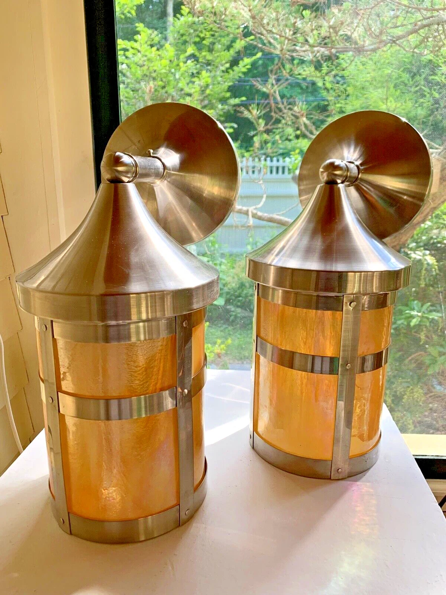 Two Rejuvenation glass and steel flush mount light fixtures