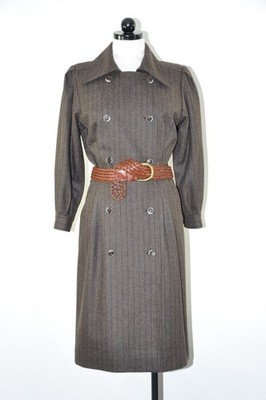 80s Vintage Saint Laurent Rive Gauche Brown Stripe Wool Tweed Coat Dress Women M