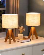 Wooden Tripod Bedside Table Lamp with Linen Shade, 14.2", Set of 2