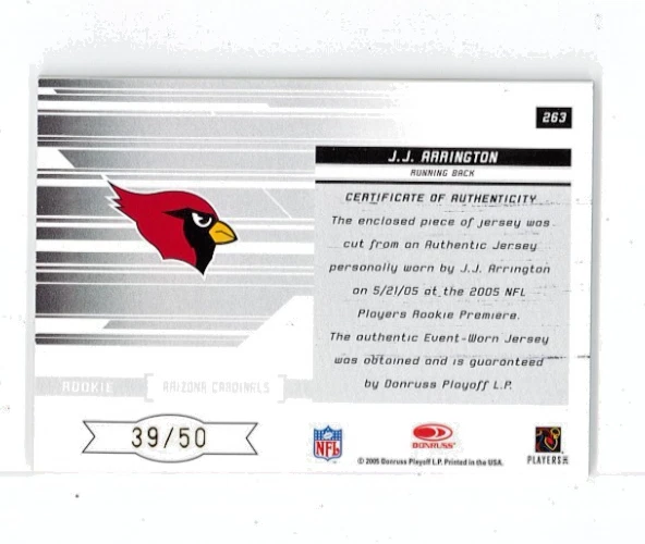 2005 Rookies & Stars Gold J.J. Arrington RC Jersey #'d /50 Arizona Cardinals SP! - Image 2 of 2