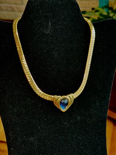 NAPIER Vintage Gold Tone Curb Chain Choker Blue Gripoix Glass Cabochon Necklace - Picture 2 of 15