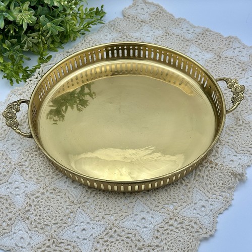 Vintage Solid Brass Gallery Butler Tray Reticulated Floral Handles MCM 10" Round