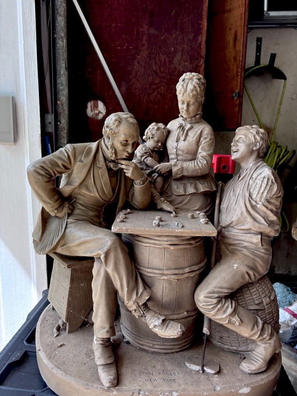 1875 John Rogers "Checkers Up at the Farm" cast-plaster sculpture
