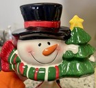 Ceramic Cookie Jar Snowman W/Christmas Tree Reindeer Top Hat EUC — photo 5
