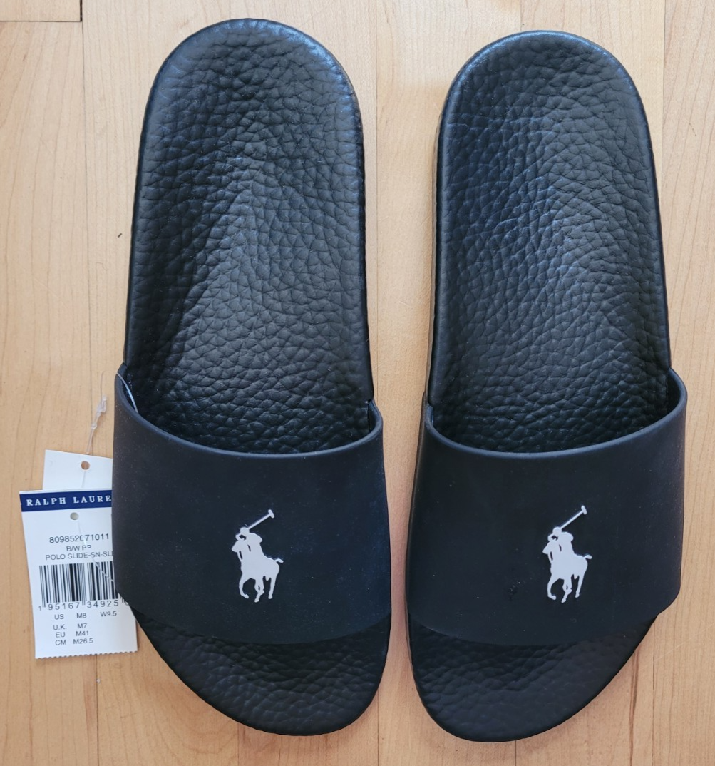 Polo Ralph Lauren Men's Black Slides/Sandal Size 13 with White BIG