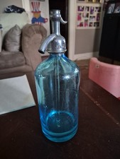 Vintage Jacks Beverages Etched Blue Glass Seltzer Bottle Long Island City NY 