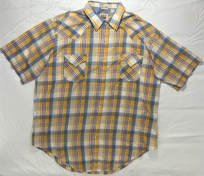 VTG Ely Cattleman Pearl Snap Shirt Mens 2XL Tall Yellow Plaid Cowboy Cut Pockets