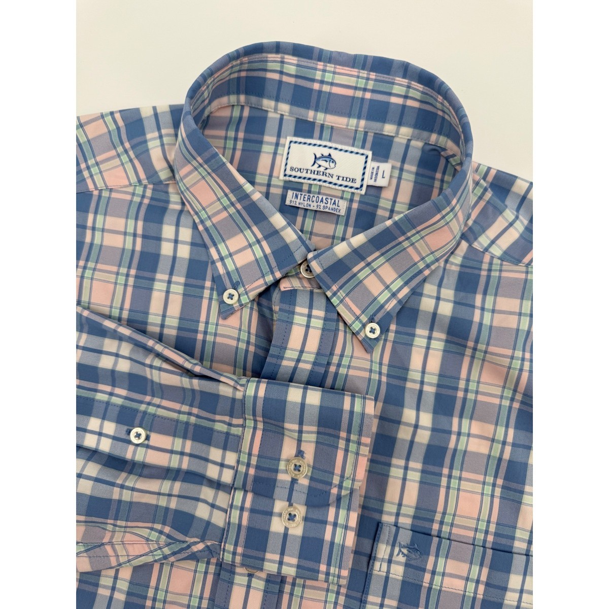 Southern Tide Shirt Mens Large Pink Blue Plaid Intercoastal Performance Stretch