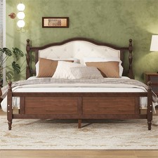 Queen Size Wooden Platform Bed Frame with Upholstered Headboard Classic,Walnut