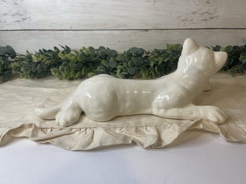Vintage Large White Ceramic Laying Down Cat Figurine Statue - Picture 2 of 6