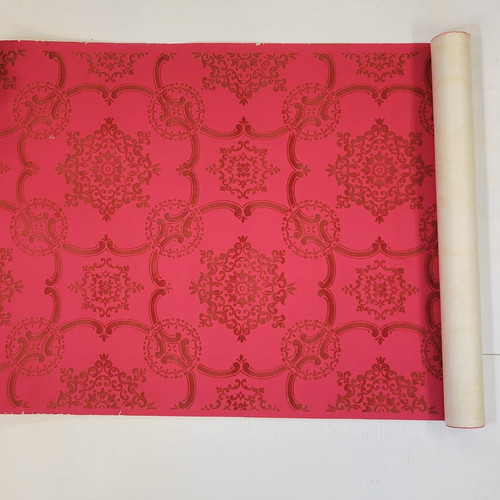 1960s United Wallpaper Co. Flocked Red 21.5"w Partial Roll Vintage Mid-Century