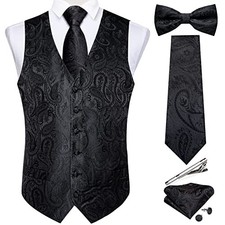 Men's Silk Paisley Vest and Necktie Set 6PCS Pre-tied Bow Tie X-Large Black