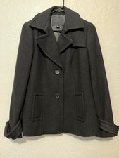 VTG Y2K Banana Republic Women's Coat 100 Wool Medium Black Peacoat Jacket