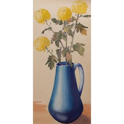 Dahlien Blumenstillleben in blauer Vase unbekannt Monogramm Aquarell 20 Jhd - Bild 1 von 4