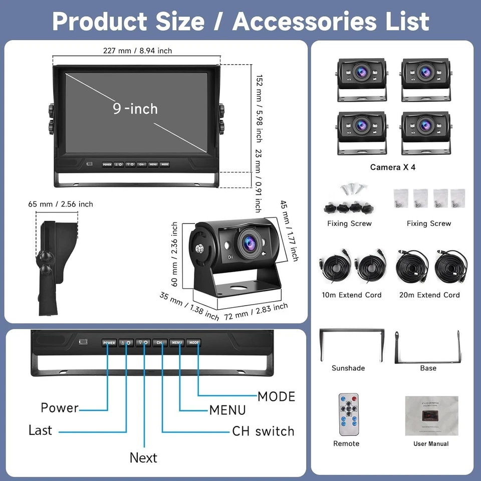 4 Channel 9 inch IPS Backup Camera System HD 1080P Wired Support Recording - Image 3 of 4