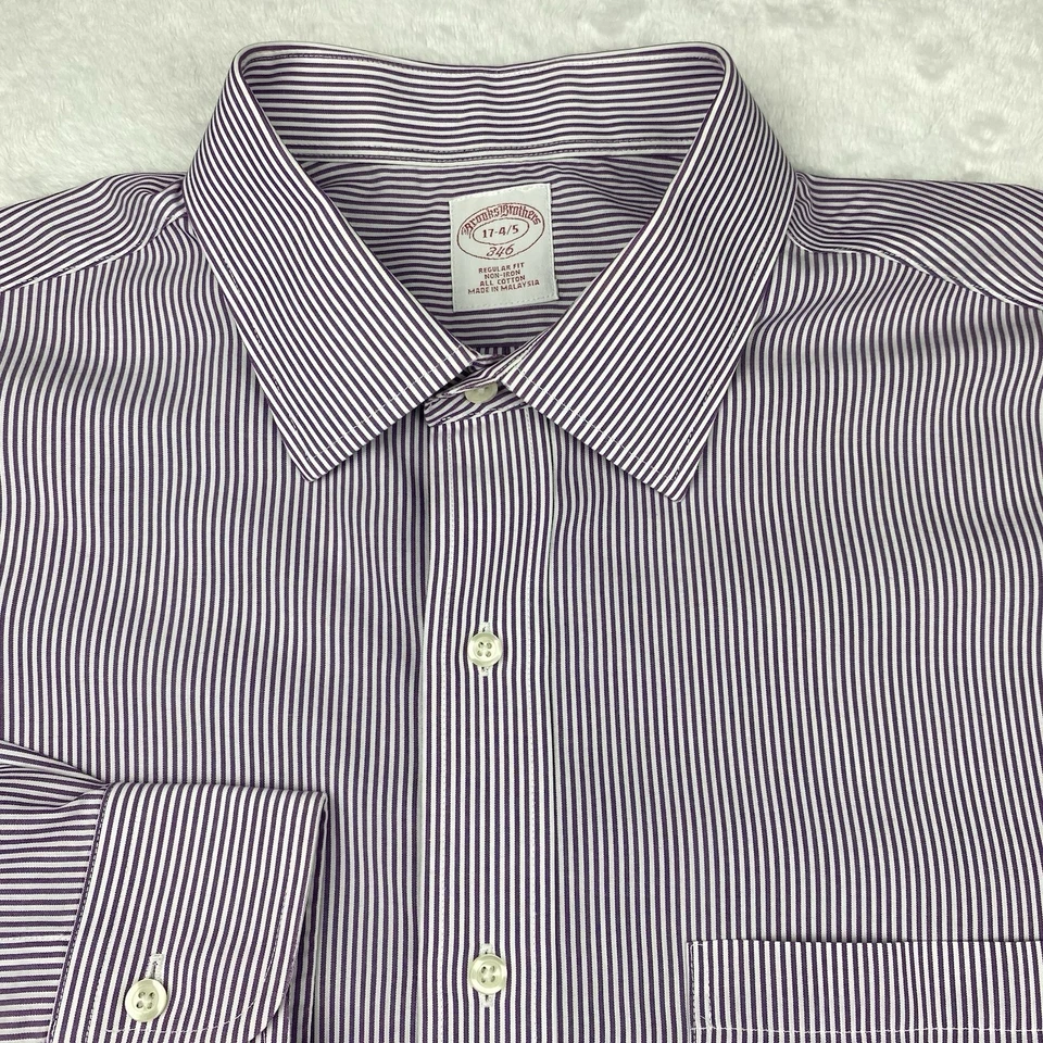 Brooks Brothers Mens Dress Shirt 17-4/5 Purple/White Stripes Regular No Iron - Image 2 of 4