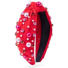 Red Valentines Day Headband Pearl Rhinestone Jeweled Knotted Hairband Holiday