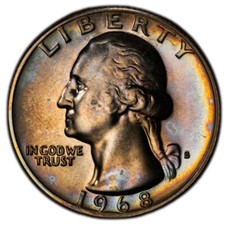 Cuarto de prueba PR66 1968-S 25C Washington, PCGS Trueview - Álbum arco iris tonificado