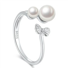 Simulated White Pearl Cute Butterfly 925 Sterling Silver Adjustable Open Ring