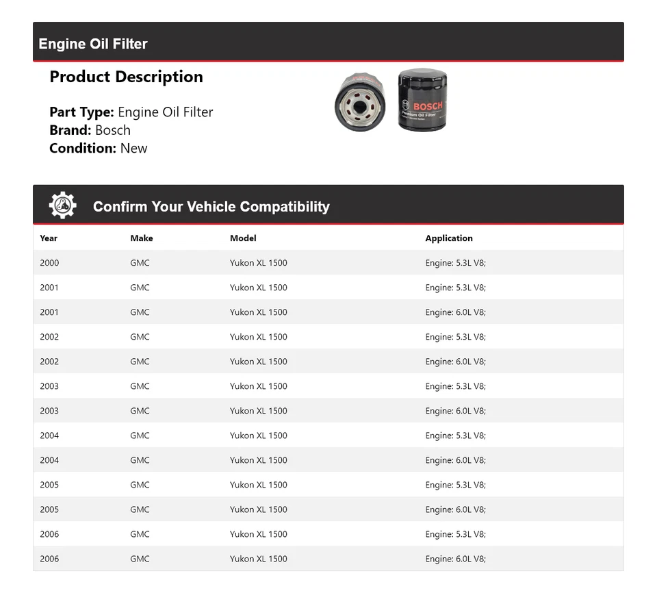 Filtro de aceite premium Bosch 2001 2002 2003 2004 para GMC Yukon XL 1500 2000-2006 Foto 2 de 3