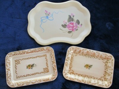 Three Beige Cream Vintage Chic French Country Dresser Perfume Earring Tole Trays