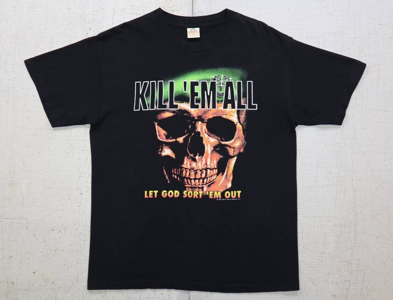 VTG 90s Kill 'Em All Let God Sort 'Em Out T Shirt Sz L 1995 Veteran 3D Emblem