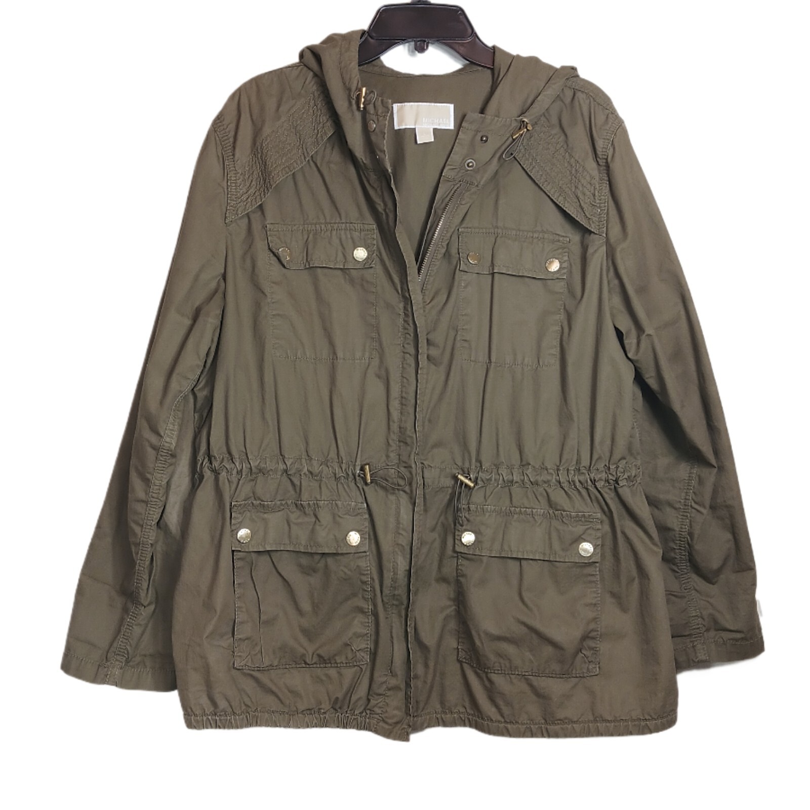 Michael Kors Hooded Cargo Jacket Womens Large Green 100% Cotton Utility Jacket