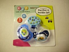 Pacifier  Holder 3 Pc Set By CJP, Blue, Boy, 2 Pacifiers  1 Holder, Brand New