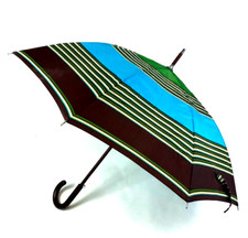 Ladies Auto Stick Umbrella Multi Stripe Brown Wooden Handle