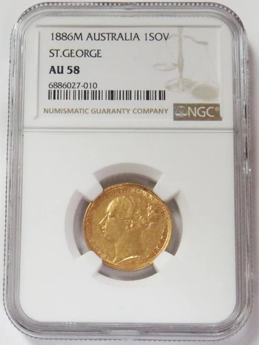 1886 M GOLD AUSTRALIA SOVEREIGN ST GEORGE VICTORIA COIN NGC AU 58
