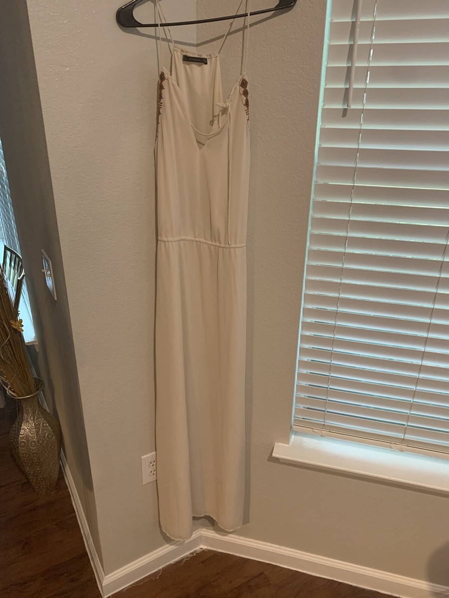 zara trafaluc boho dress ZARA Trafaluc Cream Floral Aztec Embroidered Beaded Boho Gypsy Dress Size S