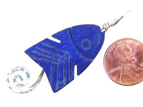 BUTW Ciondolo Pesce Scolpito Argento Sterling 10pz Filo Avvolto a Mano Lapislazzolino 3634P - Foto 8 di 21