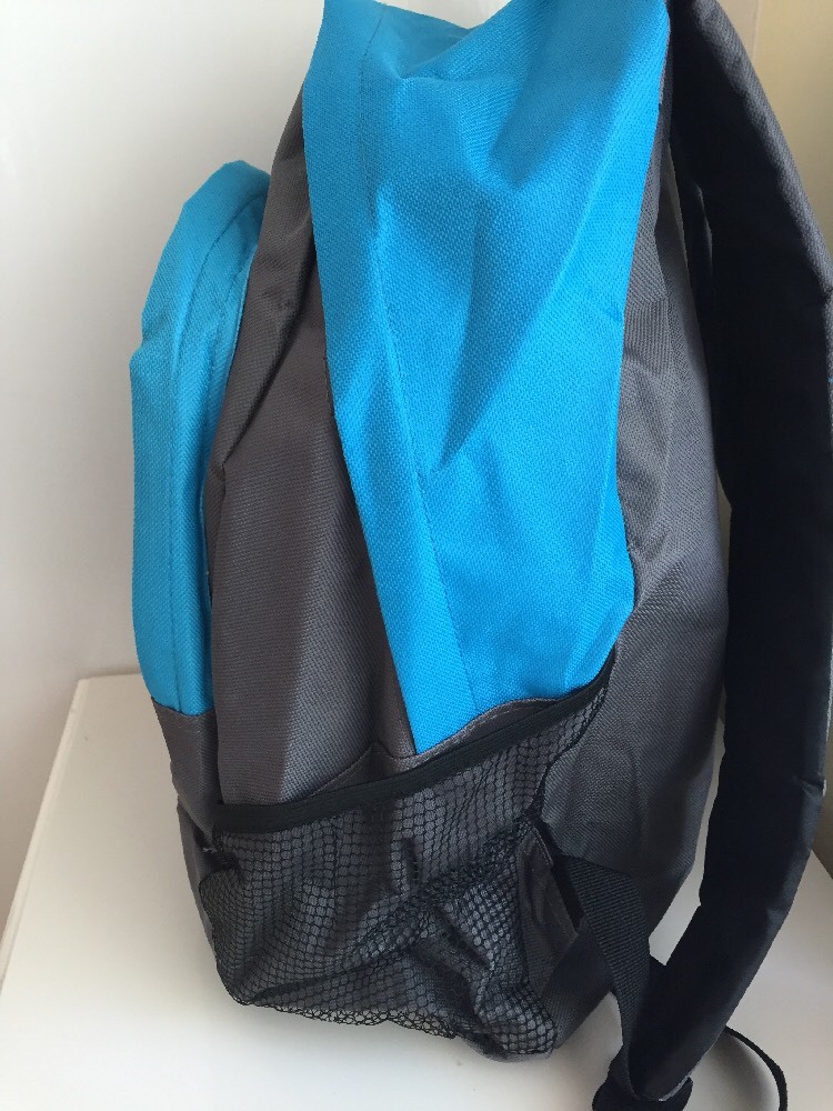 Blue And Grey Backpack With Water Bottle Holders And Multiple Compartments