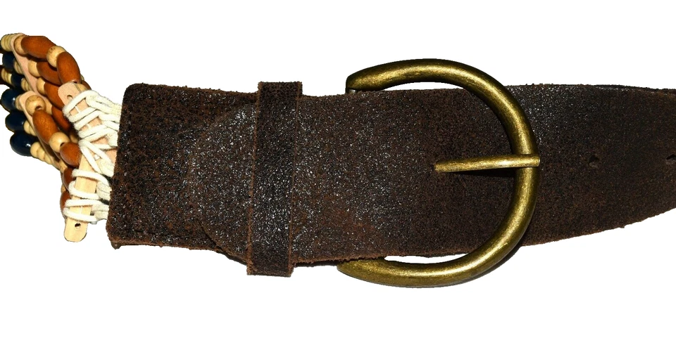 Xhilaration Boho Hippie Brown Leather Blue Brown Black Wood Beaded Belt Size 41 - Image 4 of 4