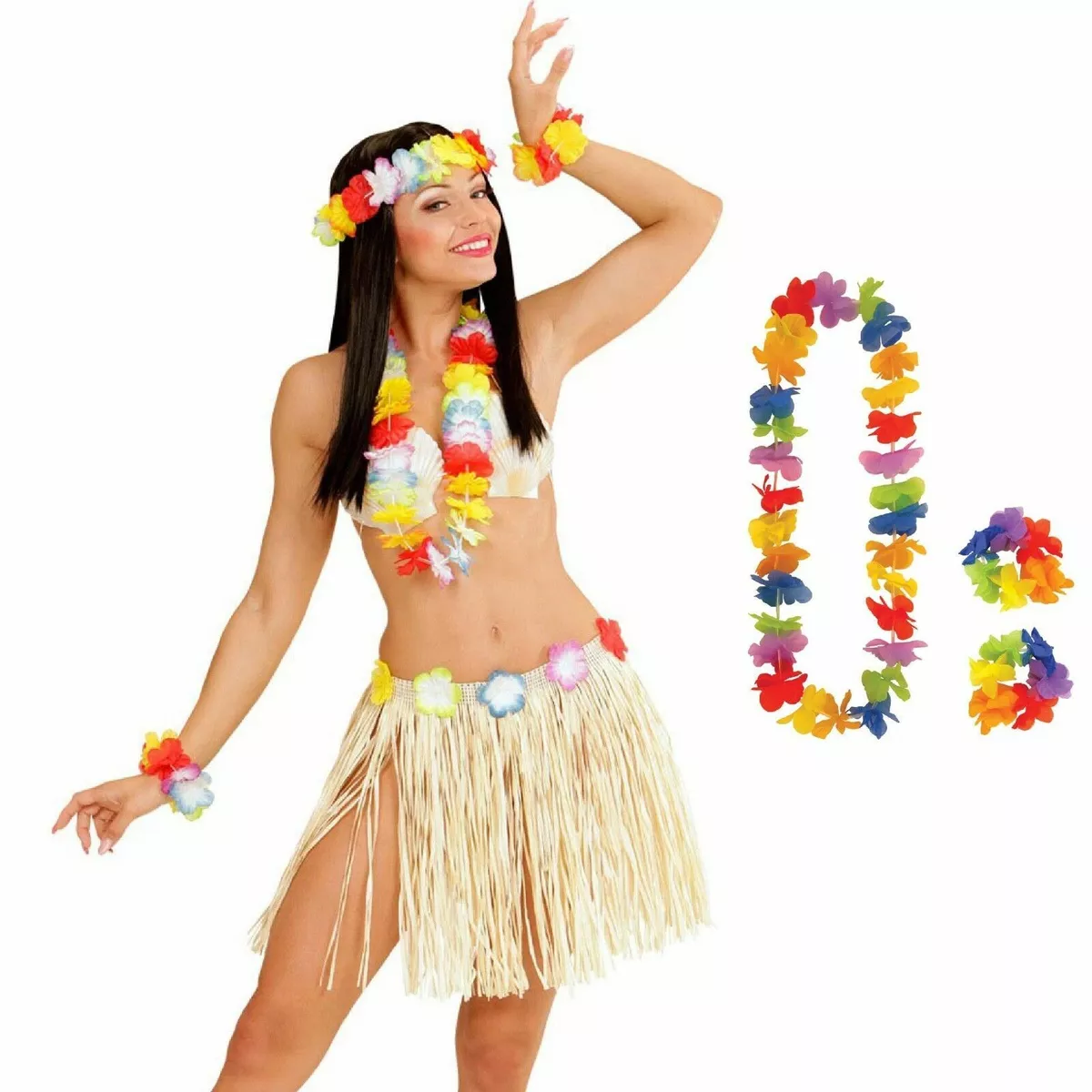 Costume 4 pz SET HULA HULA adulto hawaiano fantasia spiaggia gallina festa  donna