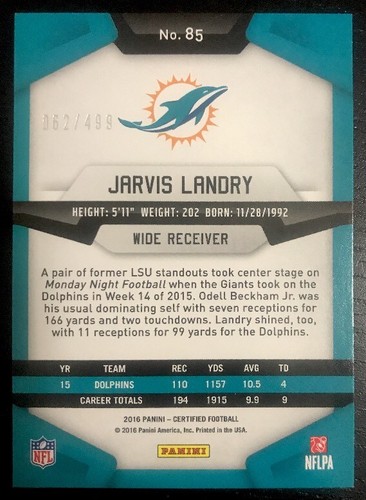 JARVIS LANDRY - 2016 Certified MIRROR SILVER [062/499] #85 - MIAMI DOLPHINS - Picture 2 of 2