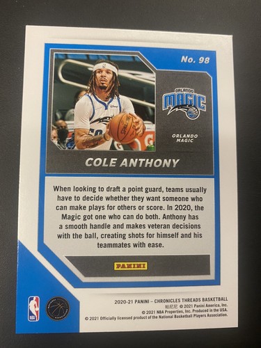 Panini Chronicles Pink Foil #98 Cole Anthony RC Orlando Magic 2020-21 - Imagen 2 de 2