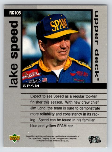 Cubierta superior 1996 Lake Speed Changin' Gears NASCAR Motor Sports RC105 SPAM - Imagen 2 de 2