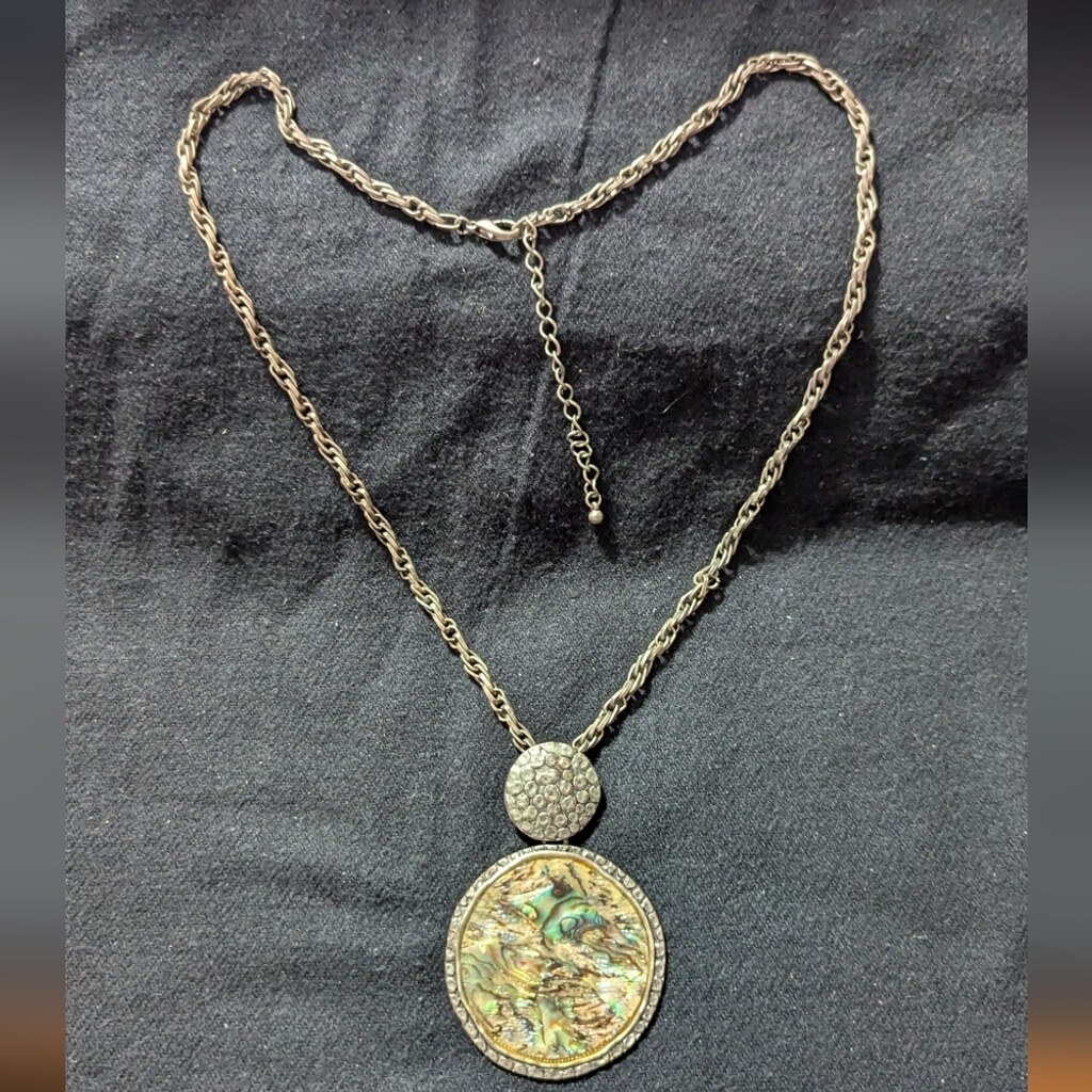 Silver Tone Shell Disc Pendant Statement Necklace - image 1