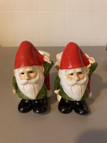 Gnome Santa Ceramic Hand Painted Holiday Candle Stick Holders (2) - Picture 1 of 12